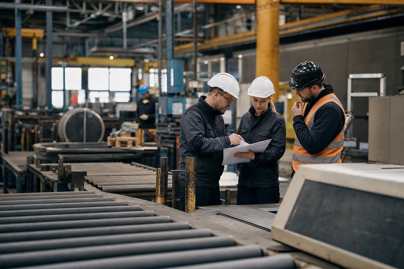 Manufacturing leaders reviewing production constraints beside an active line