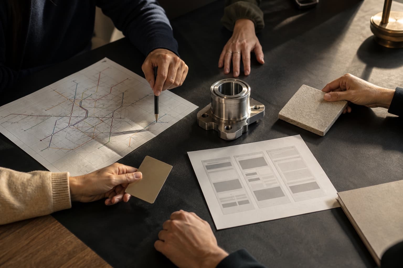 A cross-sector working table with manufacturing, travel, built-environment and software artifacts
