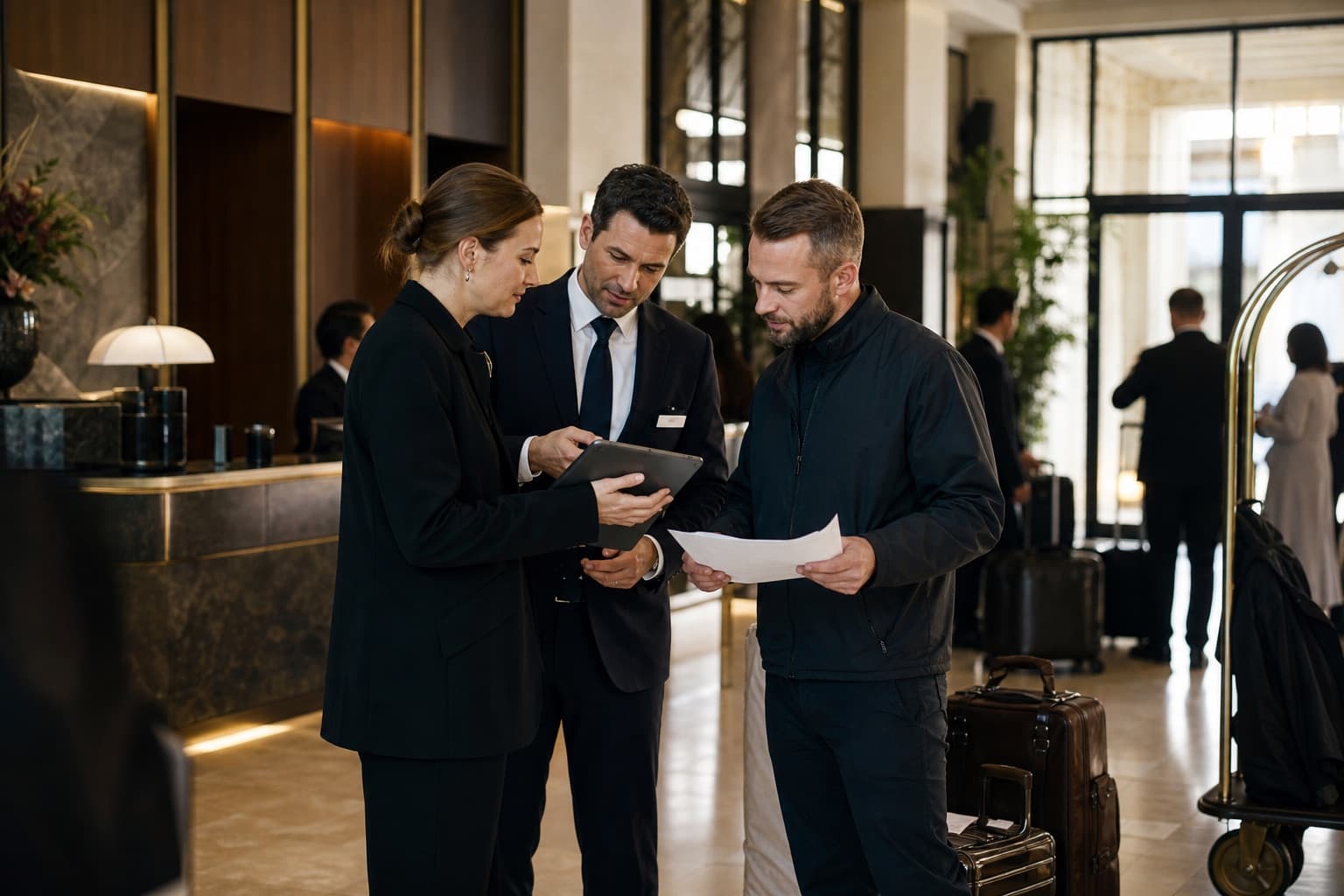 Hotel operations team and external service partner coordinating a guest-service handoff