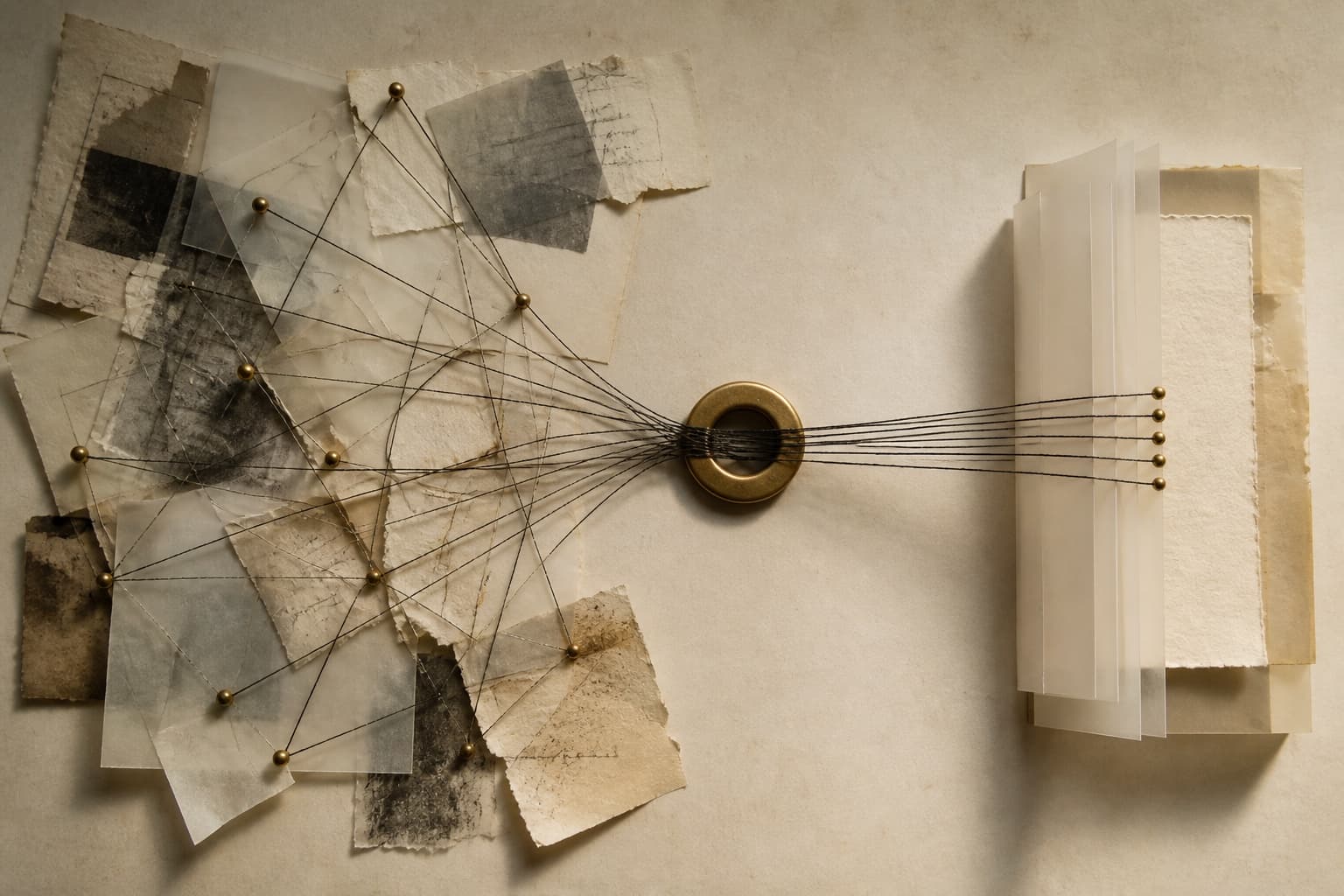 Dispersed evidence and perspectives pass through one precise point into an ordered structure